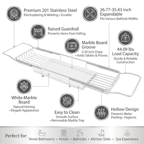 Expandable Bathtub Caddy Tray with Tablet Holder, Stainless Steel