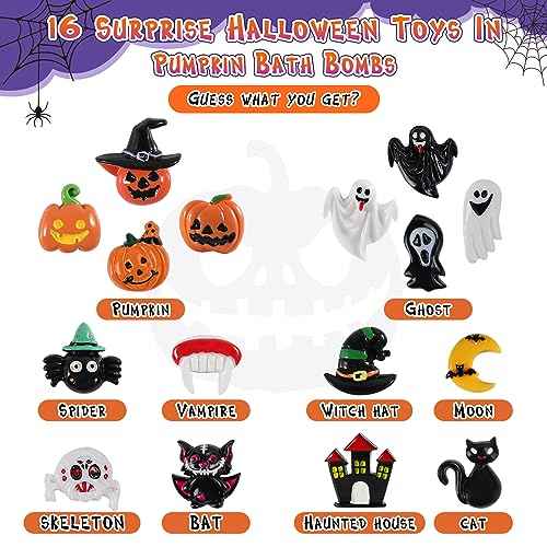 Halloween Gifts for Kids - 16pcs Halloween Bath Bombs for Kids with Toys Inside Halloween Party Favors Goodie Bag Fillers Bubble Bath with Spooky Pumpkin Bath Bombs