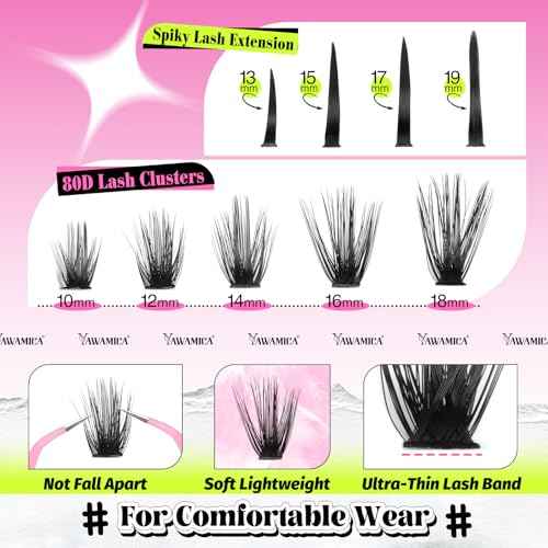 Yawamica 80D Wispy Lash Clusters 10-18mm with Spike Individual Lashes 13-19mm DIY Manga Lashes Clusters Volume Eyelash Clusters D Curly Cluster Eyelash Extensions Fairy Cluster Eyelashes 280pcs