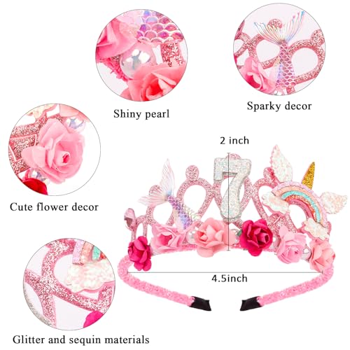 SuPoo Pink 7th Birthday Flower Crown Headband for Girls - Princess Tiara, Lightweight & Durable, Fits 4.5-inch Diameter