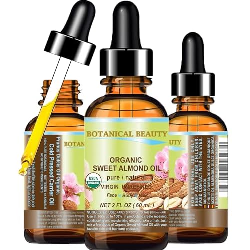Botanical Beauty? Organic SWEET ALMOND OIL 100% Pure Natural Virgin Unrefined Undiluted Cold Pressed Carrier Oil for Face, Skin, Body, Hair, Massage, Nails. 2 Fl. oz - 60 ml