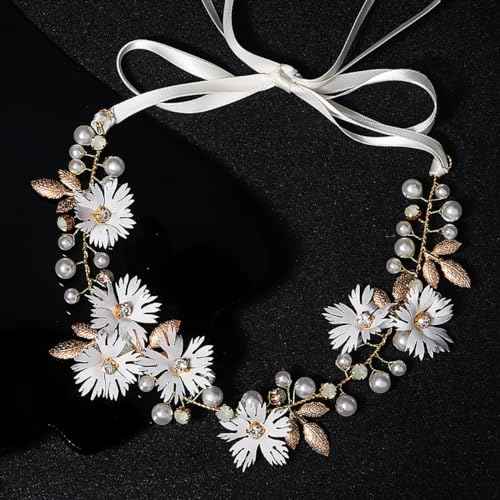 2 PCS Daisy Pearl Flower Vine Rhinestones Headband, Flower Headband Floral Hair Wreath Headpiece for Bridal Women Girls Hippie Wedding Party