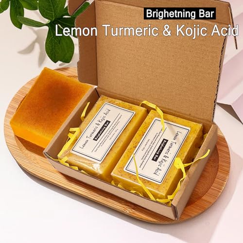 2PCS Lemon Turmeric Kojic Soap,Turmeric Soap Bar,Natural Gentle Cleanser for Face and Body,Natural Handmade So ap for Men, Women