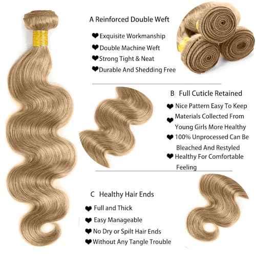 #22 Blonde Bundles Human Hair Body Wave Bundles 20 22 24 Inch Human Hair Weave 3 Bundle Unprocessed Brazilian Virgin Hair Ash Blonde Body Wave Human Hair Extensions 50 Grams/Bundle