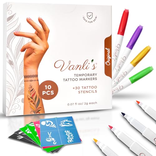 Vanli's Temporary Tattoo Markers - 10 Pens with 30 Stencils