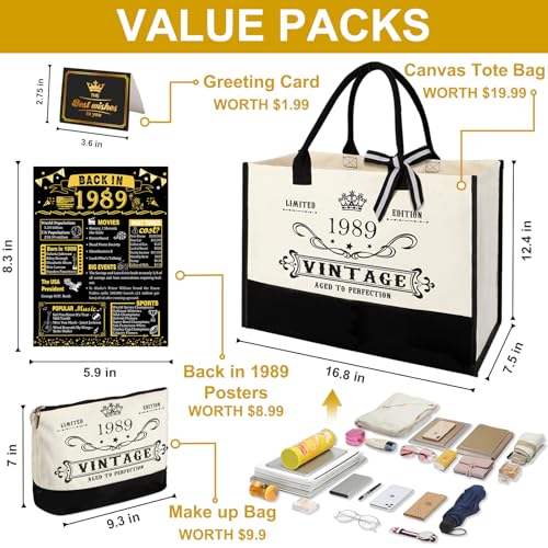 YeohJoy 37th Birthday Gifts for Her Canvas Tote Bag Travel Gear, Unique 37 Years Old Birthday Gifts for Wife Women Sister Friends Her, Vintage 1989 Handbag & Makeup Bag & 37th Greeting Card