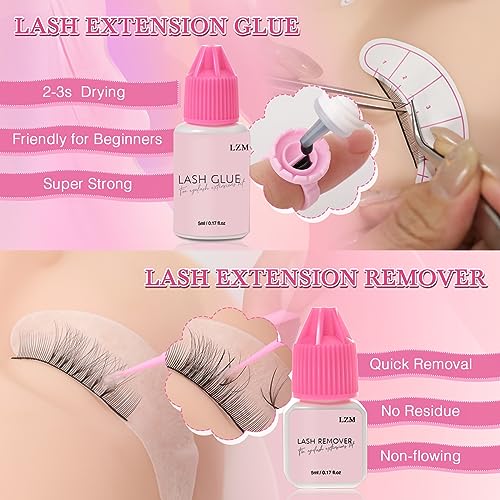 LZM Eyelash Extension Kit for Beginners, Lash Extension Supplies Tech Starter Kit with Everything Tools Stuff Set 1-2S Srtong Hold Glue,Lash Mannequin Head, Remover, Precision Tweezers for Practice