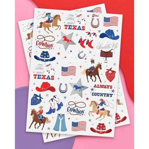 xo, Fetti American Cowgirl Temporary Tattoos - 54 Silver Foil Pcs | Birthday Accessory, Western Bachelorette USA Party Favor, 4th of July Activity