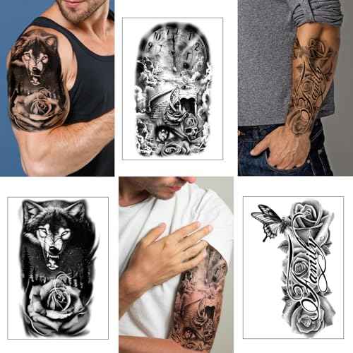 Yazhiji 36 Sheets Temporary Tattoos Stickers, 12 Sheets Fake Body Arm Chest Shoulder Tattoos for Men or Women with 24 Sheets Tiny Black Tattoos