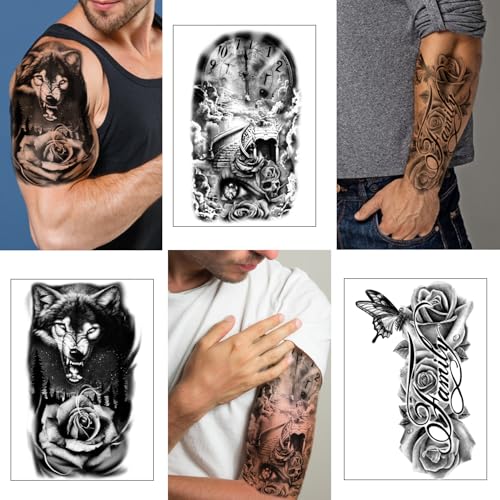 Yazhiji 36 Sheets Temporary Tattoos Stickers, 12 Sheets Fake Body Arm Chest Shoulder Tattoos for Men or Women with 24 PCS Tiny Black Tattoos