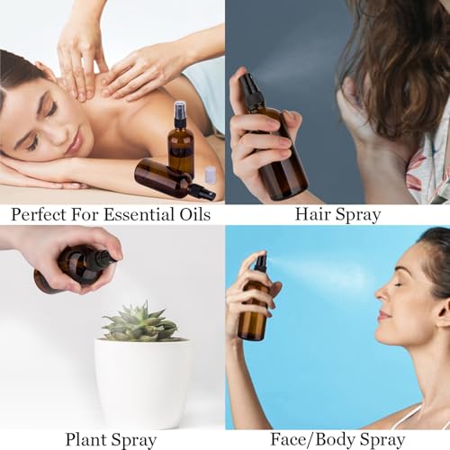 4oz Amber Glass Spray Bottles for Essential Oils - Set of 4 with Extra Nozzles & Labels