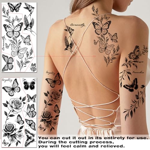 Temporary Tattoo Stickers for Women - 12 Sheets Butterfly Flower Black Waterproof