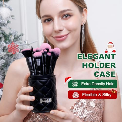 Bueart Design 18Pcs Pro Deluxe Fuchsia Pink Black Makeup Brushes set with Travel Make up Brush Holder case Foundation concealer contour Blush eyeshadow face make up brush set