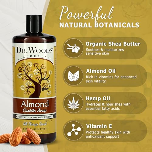 Dr. Woods Almond Liquid Castile Soap - Castile Soap with Pure Almond Oil, Body Wash for Men and Women, Organic Shea Butter, Natural Cleaner for Face, Hands, and Body - 32 Fl Oz, Pack of 3