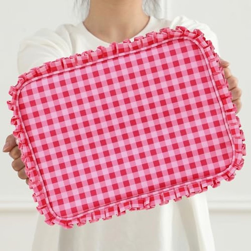 Large Gingham Ruffle Makeup Bag for Women - Travel Cosmetic Organizer