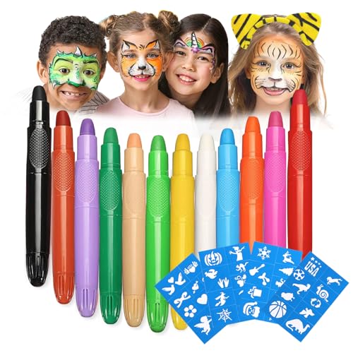12 Colors Kids Face Paint Crayons with Glitter Tattoo Stencils