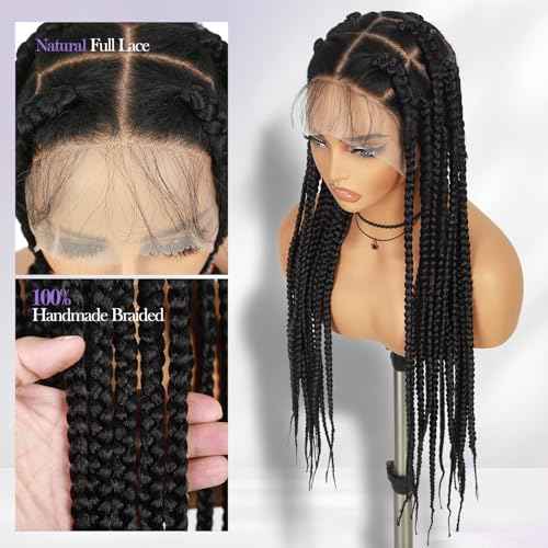 Fancy Hair 360 Full Lace Jumbo Braided Wigs for Black Women Glueless Long Knotless Box Braided Wig for African American Women (Natural Black)