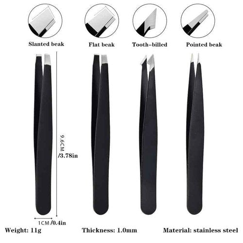 4-Piece Professional Tweezers Set, Stainless Steel Precision Tweezers for Eyebrows, Ingrown Hair & Splinter Removal, Includes Travel Case, Black - Perfect for Men & Women