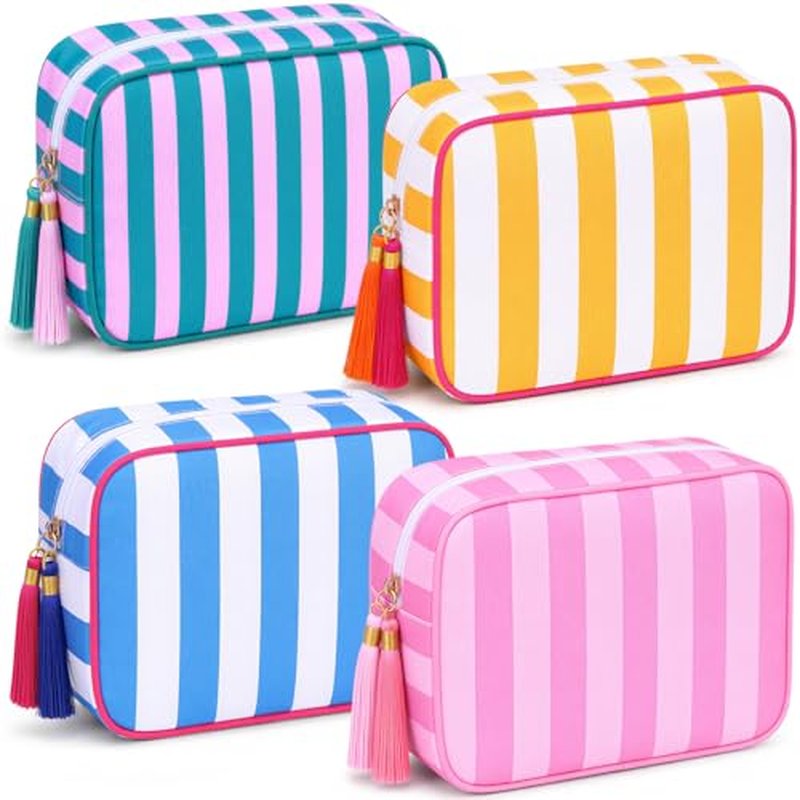 4 Pack Striped Makeup Bags with Tassel Zipper, Large Cosmetic Pouch