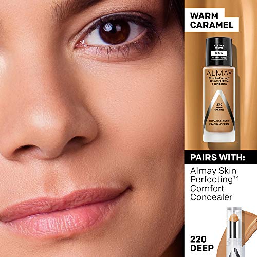 Almay Skin Perfecting Comfort Matte Foundation Liquid Makeup, Hypoallergenic, Cruelty- & Fragrance-Free, Dermatologist-Tested, 230 Warm Caramel, 1 fl oz