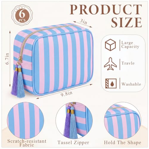 Kacctyen 6-Pack Peony Pink & Slate Blue Striped Makeup Bags with Tassels