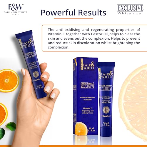 Fair and White Exclusive, Skin Brightening Cream with Vitamin C | 1.7 Fl oz / 50g | Reduce Appearance of Fine Lines & Wrinkles - with Glycerin and Castor Oil, For Face & Body