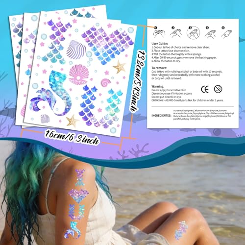 Mermaid Scale Temporary Tattoos Stickers, 12 Sheets