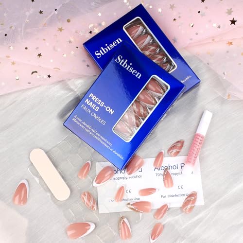 French Press On Nails Almond Medium 32pc Kit with Gel Finish