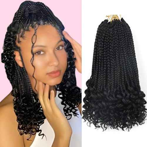Goddess Box Braids Crochet Hair for Black Women 14 Inch Short Crochet Braids with Curly Ends Pre Looped 8 Packs Bohemian Style Goddess Box Braid Hair Extensions (1B)