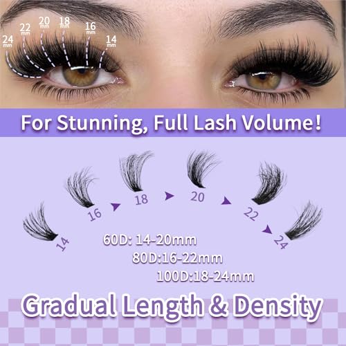 Lash Extension Kit 14-24mm Lash Clusters Kit 60D+80D+100D Thick Volume Eyelash Extension Kit D Curly DIY Individual Lashes 3 Style Lashes with Waterproof Lash Bond and Seal and Tweezers