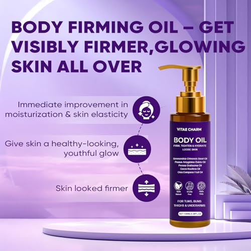 Vitae Charm Body Oil, Luxury Body Oil for Crepe Skin, Firming Tightening & Hydrating Body Serum with Vitamin E and Sweet Almond Oil, Smooths Skin for Women