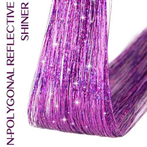 IDN BEAUTY Hair Tinsel Clip in, 6pcs Purple Sparkling Tinsel Hair Extensions 3s Wear and Go for Party Daily Travel Birthday, 24Inch Hair Accessories for Girls Women Kids