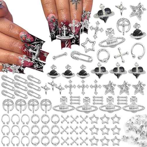 BELICEY 190PCS 3D Nail Charms - Silver Star Cross Planet Rivet Punk Cone Jewels for Acrylic Nails