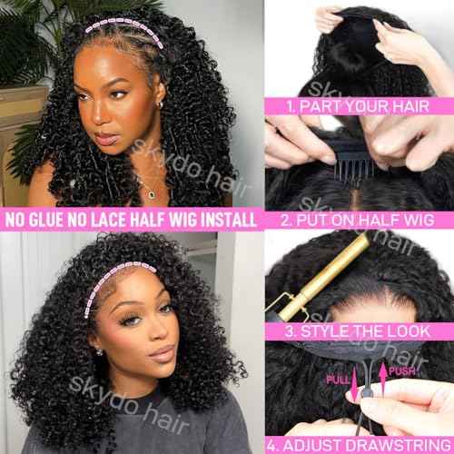 SKYDO Half Wig Human Hair 250 Density Kinky Curly Half Wigs 3 in 1 Seamless Flip Over Glueless Wigs Human Hair with Drawstring Beginner Friendly Curly Headband Wig for Women 24inch