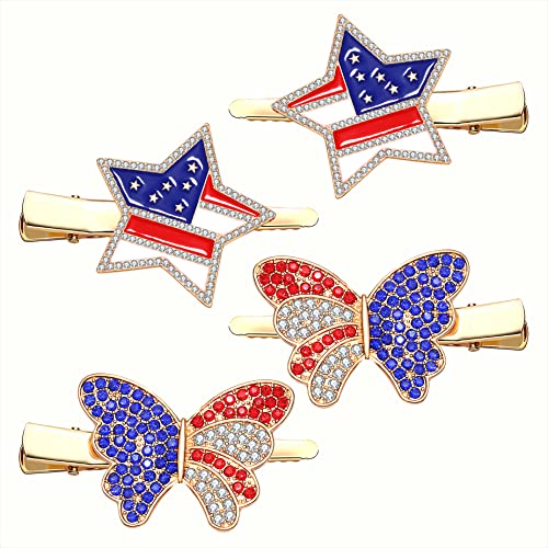 4th of July Patriotic Hair Clips Rhinestone American Flag Star Heart Bows Alligator Metal Clips Crystal Red White and Blue USA Independence Day Hairpins Hair Accessories for Women Girl