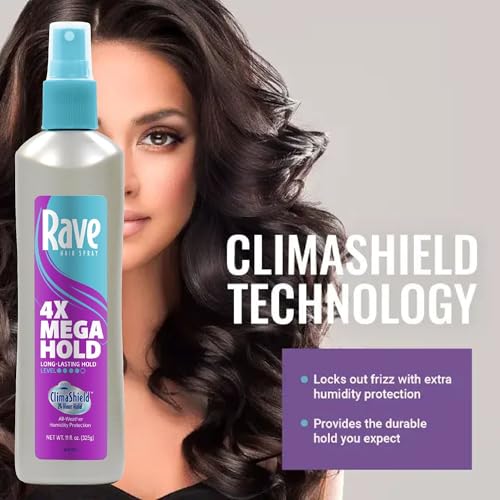 rave 4X Mega Long-Lasting Firm Hold Hair Spray for Heat Protection, Volume and Shine - 24 Hour Hold & Anti Humidity Spray for Hair - Minimizes Frizz - Unscented & Non Aerosol - 11 Fl Oz (Pack of 3)
