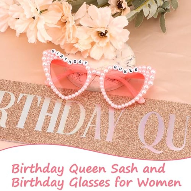 Birthday Queen Sash with Glasses - Rose Gold & Pink