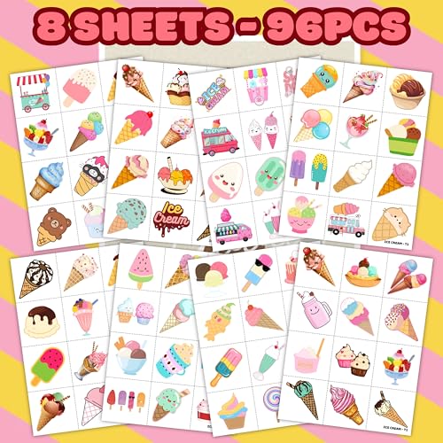 96 Ice Cream Temporary Tattoos for Kids - Pre-Cut