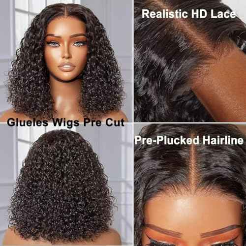 Wear And Go Glueless Wigs Human Hair Pre Plucked Pre Cut Short Curly Human Hair Wigs For Black Women 180% Density Water Wave Lace Front Wigs 4x4 Lace Closure Wig 12 Inch Natural Black