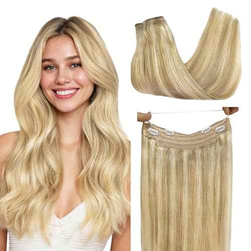 GOO GOO Wire Hair Extensions Human Hair, 16/22 Light Blondewith mix Golden Blonde Highlighted 14inch 75g, Invisible Wire Hair Extensions with Transparent, Seamless Fish Line Hairpiece