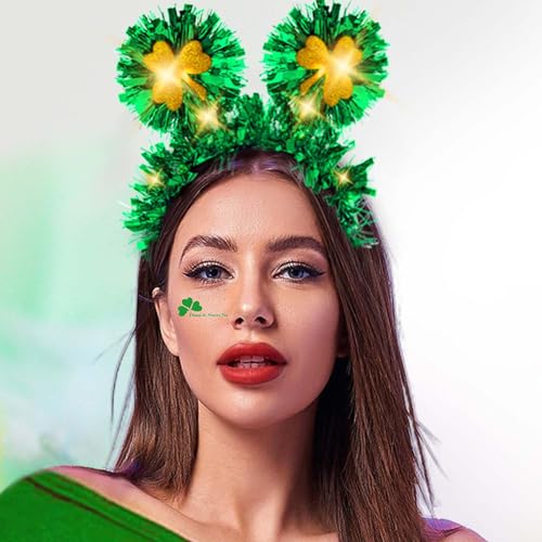 Aksod Light Up St Patricks Day Headbands Green Mouse Ears Headband Glitter Shamrock St Patricks Irish Hair Accessories for Women (Style B)