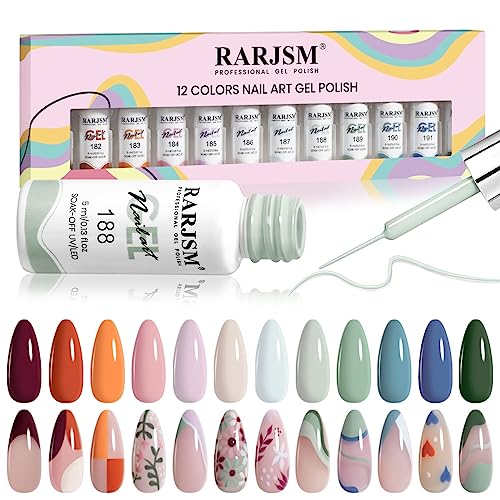 RARJSM Nail Art Gel Liner 12 Colors Collection Sage Green Dusty Pink Navy Blue Orange Painted Gel Nail Polish Set 5ml UV LED Cured Nail Design Thin Striper Brush for Home Salon Mani Diy Summer