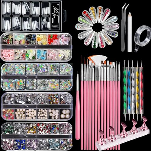 Nail Art Kit with 3D Charms, Gems & 15 Brushes - Qubccum