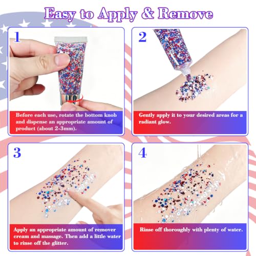 3-Pack Patriotic Body Glitter Stick, Red White Blue Self-Adhesive Makeup