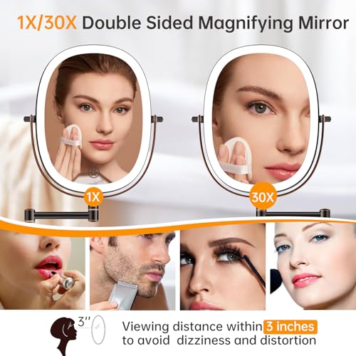 FUNTOUCH 30X/1X Wall Mounted Lighted Makeup Mirror, 5000mAh Rechargeable Double Sided Magnifying Bathroom Mirror, 3 Color Modes Touch Dimmable Extended Arm 360 Rotation, Antique Bronze