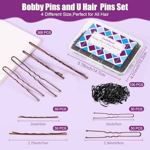 300 Pack Brown bobby pins for women, 4 Assorted Sizes of Large and Small Premium Bobby Pins + U Shaped Hair Pins for Buns, Updo Style - Non Slip Secure Hold(Brown)