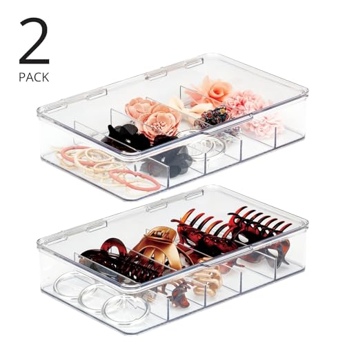 mDesign Plastic Divided Stackable Hair, Makeup & Jewelry Organizer Box with Hinge Lid for Bathroom Vanity Countertop - 5 Sections - Stores Hair Clips, Barrettes - Ligne Collection - 2 Pack - Clear