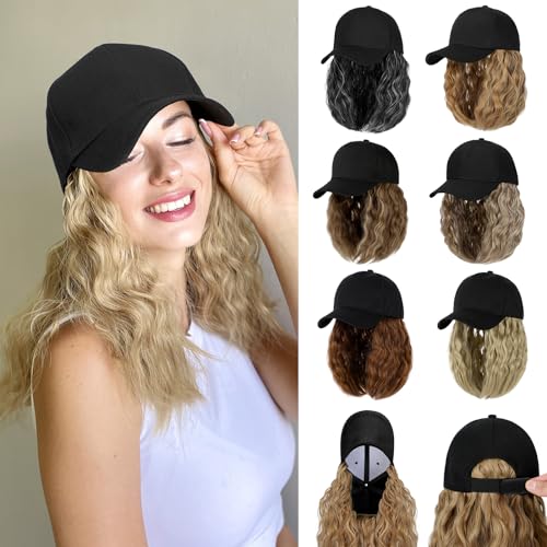 Baseball Hat Wig with 16'' Wavy Curly Hair Extensions - Adjustable Black Cap