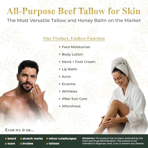 Whipped Tallow and Honey Balm (Unscented), Beef Tallow for Skin Care, Grass Fed + Finished Tallow Moisturizer Cream for Face & Body w/Organic Honey, Aloe Vera, Jojoba Oil, Men Women 3.25oz