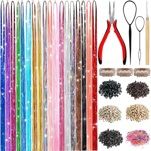 18 Color Hair Tinsel Kit - 7600 Strands Holographic Hair Extensions